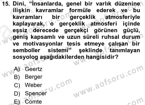 Din Sosyolojisi Dersi 2015 - 2016 Yılı (Vize) Ara Sınav Soruları 15. Soru