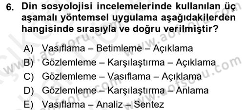 Din Sosyolojisi Dersi 2015 - 2016 Yılı (Vize) Ara Sınav Soruları 6. Soru