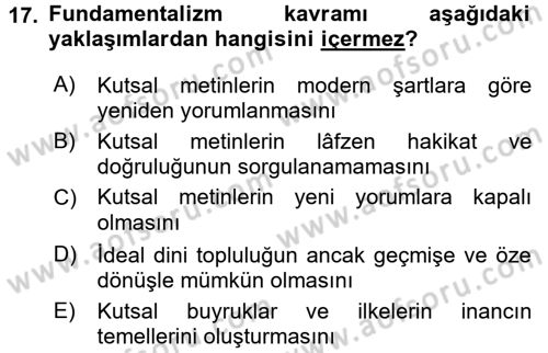 Din Sosyolojisi Dersi 2015 - 2016 Yılı (Final) Dönem Sonu Sınav Soruları 17. Soru