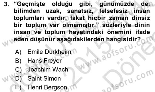 Din Sosyolojisi Dersi 2015 - 2016 Yılı (Final) Dönem Sonu Sınav Soruları 3. Soru