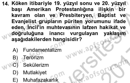 Din Sosyolojisi Dersi 2016 - 2017 Yılı 3 Ders Sınav Soruları 14. Soru