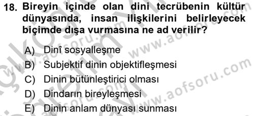 Din Sosyolojisi Dersi 2016 - 2017 Yılı 3 Ders Sınav Soruları 18. Soru