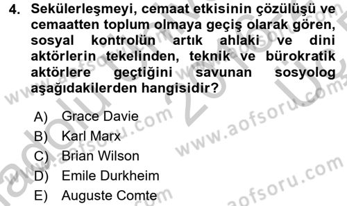 Din Sosyolojisi Dersi 2016 - 2017 Yılı 3 Ders Sınav Soruları 4. Soru