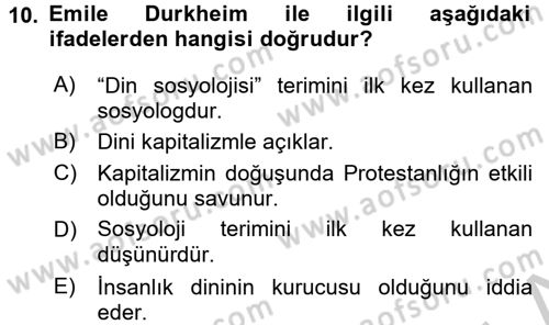 Din Sosyolojisi Dersi 2016 - 2017 Yılı (Vize) Ara Sınav Soruları 10. Soru