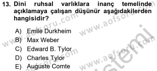 Din Sosyolojisi Dersi 2016 - 2017 Yılı (Vize) Ara Sınav Soruları 13. Soru