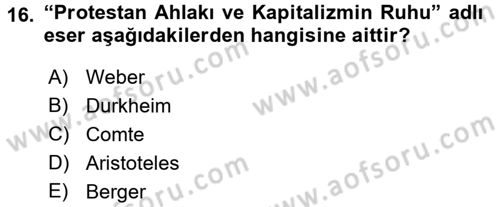 Din Sosyolojisi Dersi 2016 - 2017 Yılı (Vize) Ara Sınav Soruları 16. Soru
