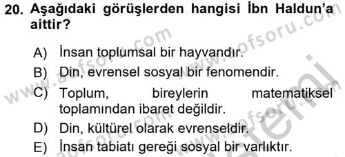 Din Sosyolojisi Dersi 2016 - 2017 Yılı (Vize) Ara Sınav Soruları 20. Soru