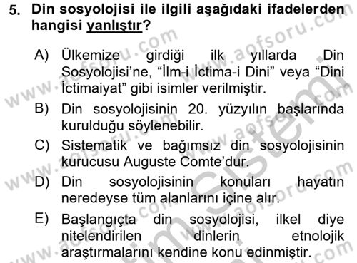 Din Sosyolojisi Dersi 2016 - 2017 Yılı (Vize) Ara Sınav Soruları 5. Soru