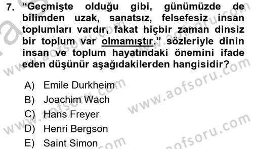 Din Sosyolojisi Dersi 2016 - 2017 Yılı (Vize) Ara Sınav Soruları 7. Soru