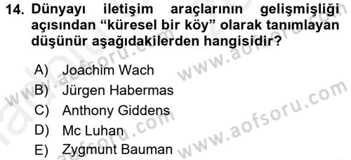 Din Sosyolojisi Dersi 2017 - 2018 Yılı 3 Ders Sınav Soruları 14. Soru