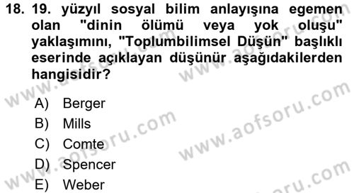 Din Sosyolojisi Dersi 2017 - 2018 Yılı (Vize) Ara Sınav Soruları 18. Soru