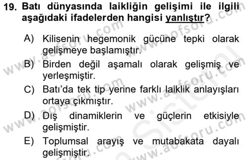 Din Sosyolojisi Dersi 2017 - 2018 Yılı (Vize) Ara Sınav Soruları 19. Soru