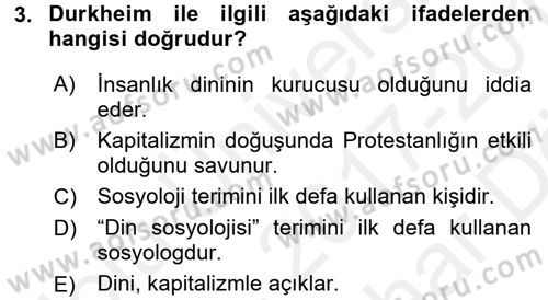 Din Sosyolojisi Dersi 2017 - 2018 Yılı (Vize) Ara Sınav Soruları 3. Soru