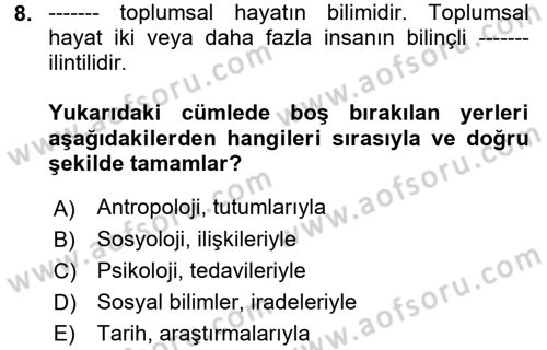 Din Sosyolojisi Dersi 2017 - 2018 Yılı (Vize) Ara Sınav Soruları 8. Soru