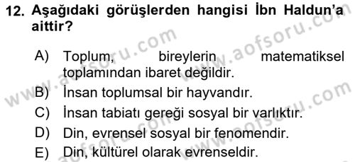 Din Sosyolojisi Dersi 2018 - 2019 Yılı (Vize) Ara Sınav Soruları 12. Soru