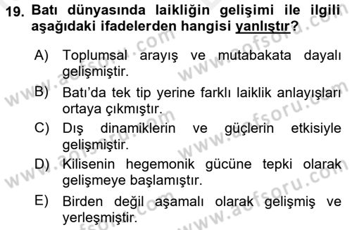 Din Sosyolojisi Dersi 2018 - 2019 Yılı (Vize) Ara Sınav Soruları 19. Soru