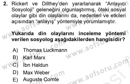 Din Sosyolojisi Dersi 2018 - 2019 Yılı (Vize) Ara Sınav Soruları 2. Soru