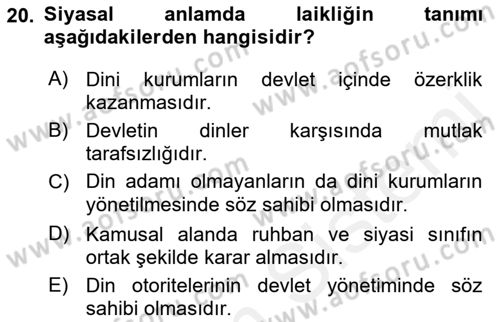 Din Sosyolojisi Dersi 2018 - 2019 Yılı (Vize) Ara Sınav Soruları 20. Soru