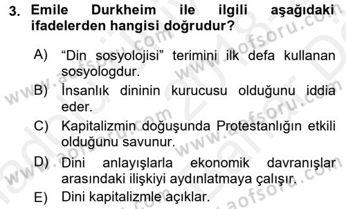 Din Sosyolojisi Dersi 2018 - 2019 Yılı (Vize) Ara Sınav Soruları 3. Soru