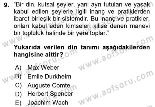 Din Sosyolojisi Dersi 2018 - 2019 Yılı (Vize) Ara Sınav Soruları 9. Soru