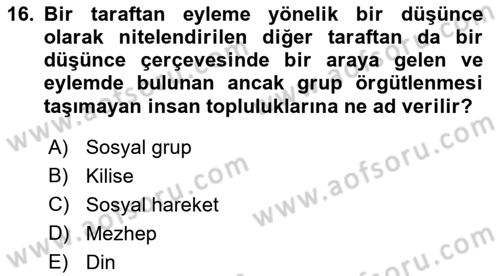 Din Sosyolojisi Dersi 2018 - 2019 Yılı (Final) Dönem Sonu Sınav Soruları 16. Soru