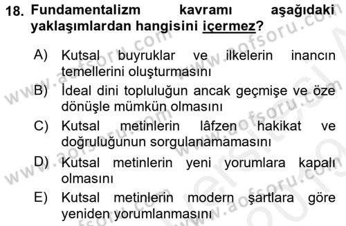 Din Sosyolojisi Dersi 2018 - 2019 Yılı (Final) Dönem Sonu Sınav Soruları 18. Soru