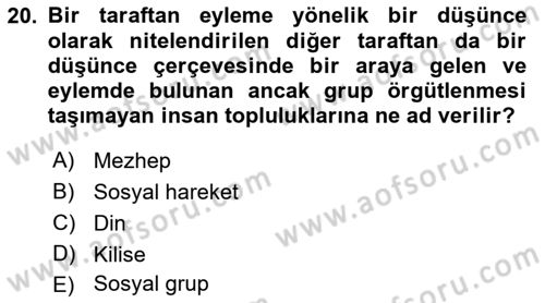Din Sosyolojisi Dersi 2018 - 2019 Yılı Yaz Okulu Sınav Soruları 20. Soru
