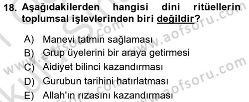 Din Sosyolojisi Dersi 2020 - 2021 Yılı Yaz Okulu Sınav Soruları 18. Soru