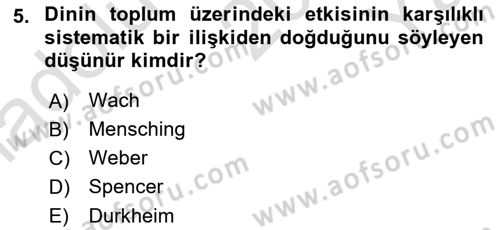 Din Sosyolojisi Dersi 2020 - 2021 Yılı Yaz Okulu Sınav Soruları 5. Soru