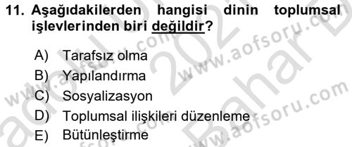 Din Sosyolojisi Dersi 2021 - 2022 Yılı (Vize) Ara Sınavı 11. Soru