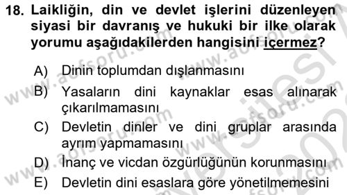 Din Sosyolojisi Dersi 2021 - 2022 Yılı (Vize) Ara Sınavı 18. Soru