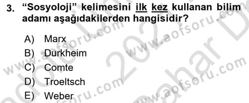 Din Sosyolojisi Dersi 2021 - 2022 Yılı (Vize) Ara Sınavı 3. Soru