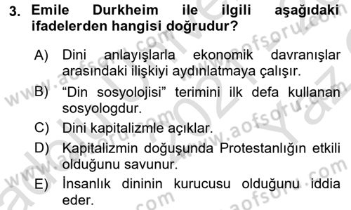 Din Sosyolojisi Dersi 2021 - 2022 Yılı Yaz Okulu Sınav Soruları 3. Soru