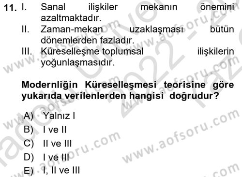 Din Sosyolojisi Dersi 2022 - 2023 Yılı Yaz Okulu Sınav Soruları 11. Soru