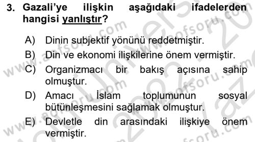Din Sosyolojisi Dersi 2022 - 2023 Yılı Yaz Okulu Sınav Soruları 3. Soru