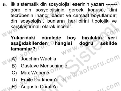 Din Sosyolojisi Dersi 2022 - 2023 Yılı Yaz Okulu Sınav Soruları 5. Soru