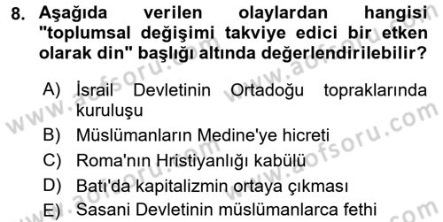 Din Sosyolojisi Dersi 2022 - 2023 Yılı Yaz Okulu Sınav Soruları 8. Soru