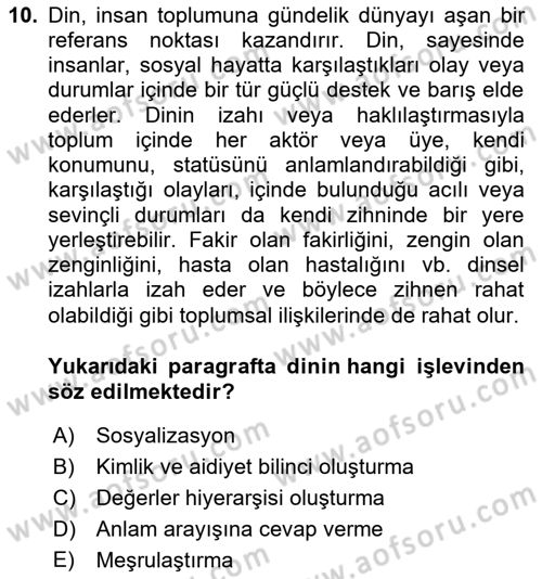 Din Sosyolojisi Dersi 2023 - 2024 Yılı (Vize) Ara Sınav Soruları 10. Soru