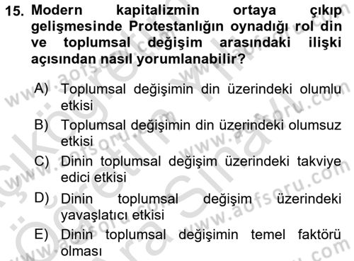 Din Sosyolojisi Dersi 2023 - 2024 Yılı (Vize) Ara Sınav Soruları 15. Soru