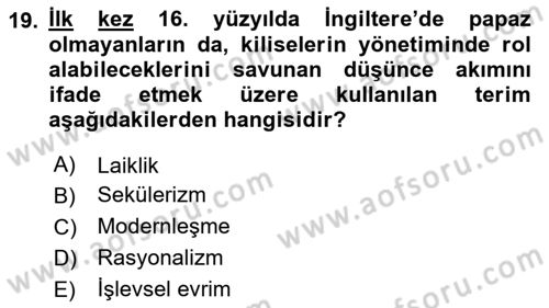 Din Sosyolojisi Dersi 2023 - 2024 Yılı (Vize) Ara Sınav Soruları 19. Soru