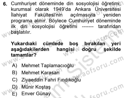 Din Sosyolojisi Dersi 2023 - 2024 Yılı (Vize) Ara Sınav Soruları 6. Soru