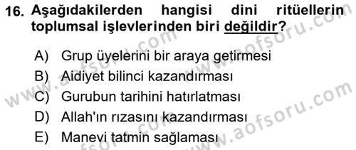 Din Sosyolojisi Dersi 2023 - 2024 Yılı (Final) Dönem Sonu Sınav Soruları 16. Soru