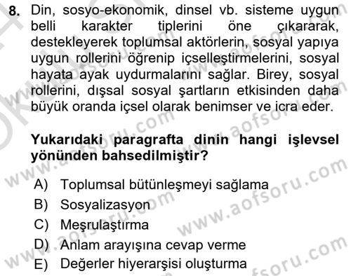 Din Sosyolojisi Dersi 2023 - 2024 Yılı Yaz Okulu Sınav Soruları 8. Soru