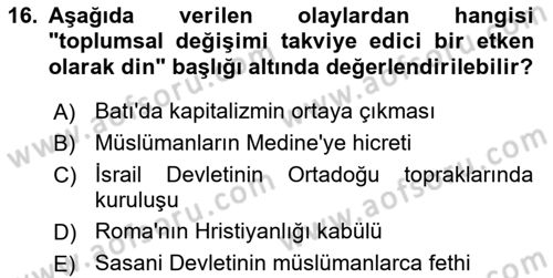 Din Sosyolojisi Dersi 2024 - 2025 Yılı (Vize) Ara Sınav Soruları 16. Soru