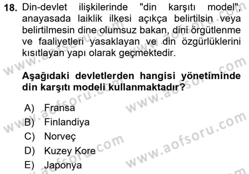 Din Sosyolojisi Dersi 2024 - 2025 Yılı (Vize) Ara Sınav Soruları 18. Soru