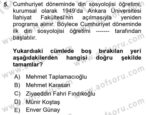 Din Sosyolojisi Dersi 2024 - 2025 Yılı (Vize) Ara Sınav Soruları 5. Soru