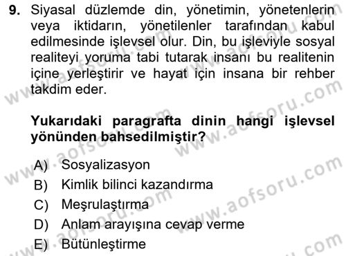 Din Sosyolojisi Dersi 2024 - 2025 Yılı (Vize) Ara Sınav Soruları 9. Soru