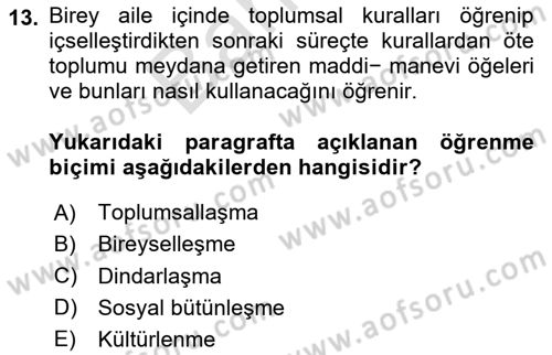 Din Sosyolojisi Dersi 2024 - 2025 Yılı (Final) Dönem Sonu Sınav Soruları 13. Soru