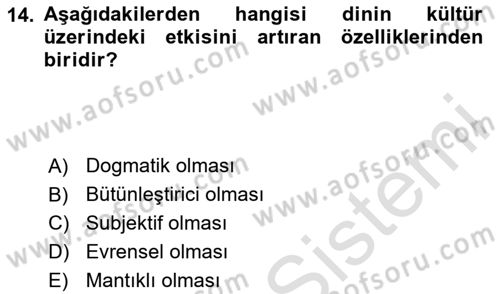 Din Sosyolojisi Dersi 2024 - 2025 Yılı (Final) Dönem Sonu Sınav Soruları 14. Soru