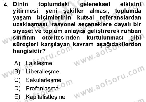 Din Sosyolojisi Dersi 2024 - 2025 Yılı (Final) Dönem Sonu Sınav Soruları 4. Soru
